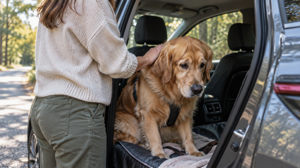 A woman handling dog motion sickness during a car travel.