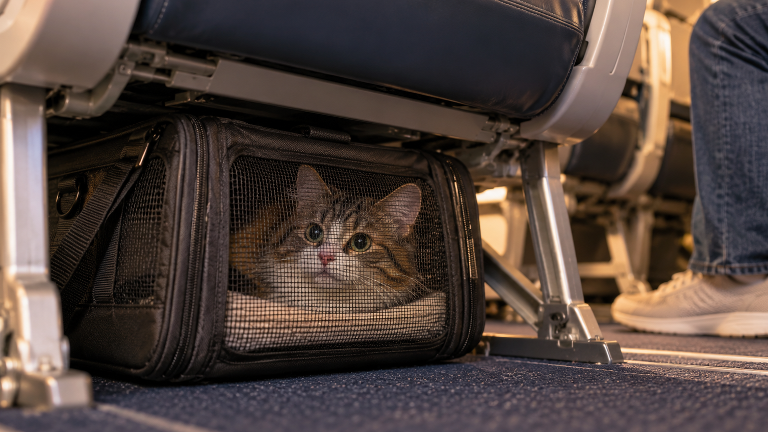 Cat under the airplane seat in a flight.