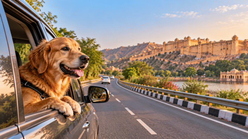 A Golden Retriever enjoying Delhi to Jaipur road trip with a dog.