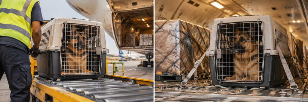 Pet on a cargo flight inside a crate.