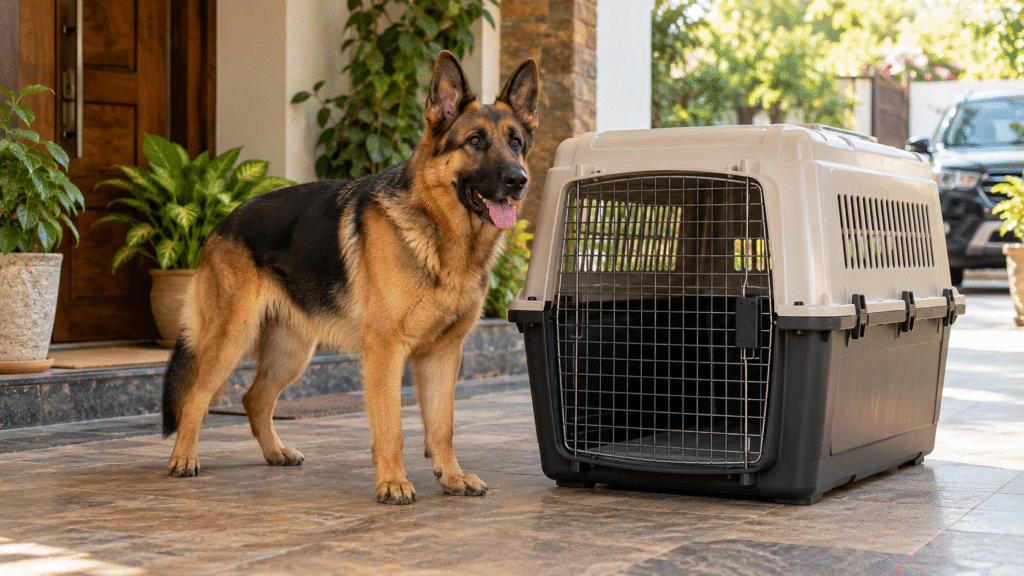 German Shephard dog beside a dog carrier for car travel