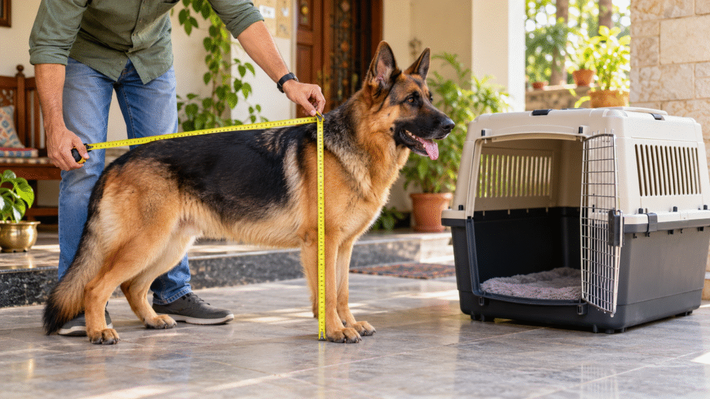 A man measuring his dog for the dog travel carrier