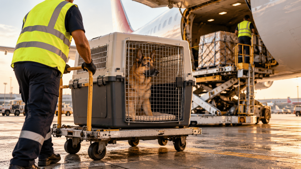 German Shephard dog on it's way to the cargo hold of a flight.