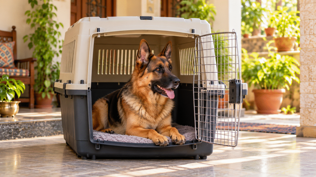 German Shephard in a dog travel carrier