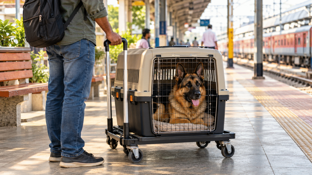 A German Shephard dog sitting inside a dog travel carrier for train travel.