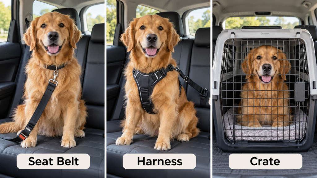 An image showing dog car seat belt vs harness vs crate