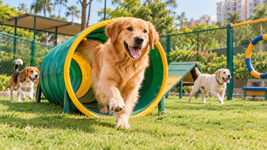 Golden Retriever dog playing in a fenced dog park in Delhi NCR.