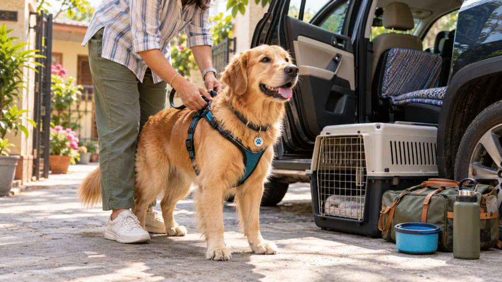 Dog wearing a harness and ID tag beside a car while the owner checks the leash before travel.