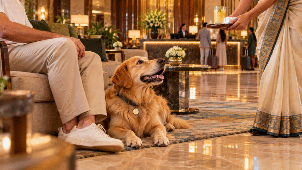 A Golden Retriever dog and owner are welcomed at one of the pet-friendly luxury resorts near Delhi.