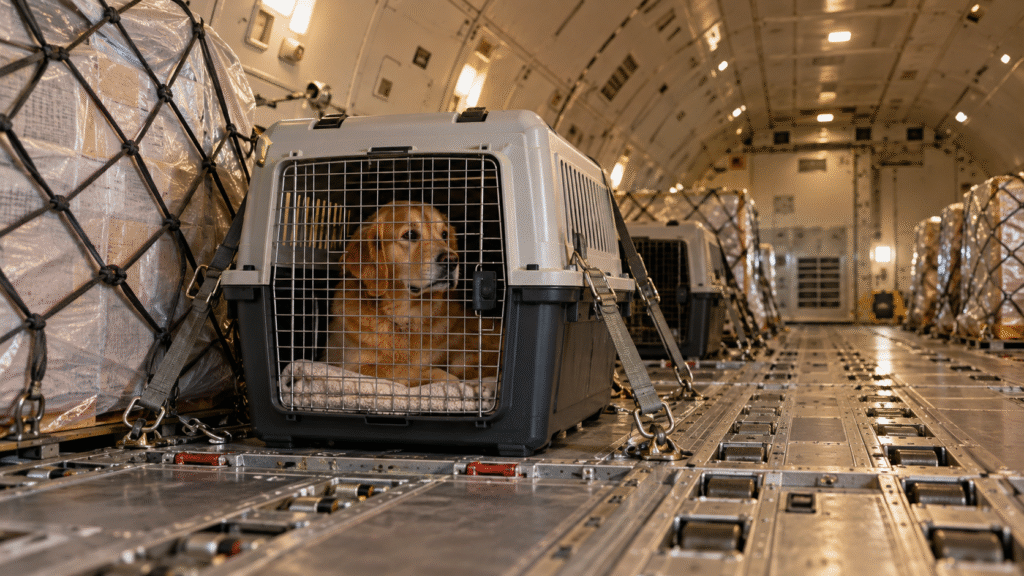 A Golden Retriever dog in an airline cargo hold.