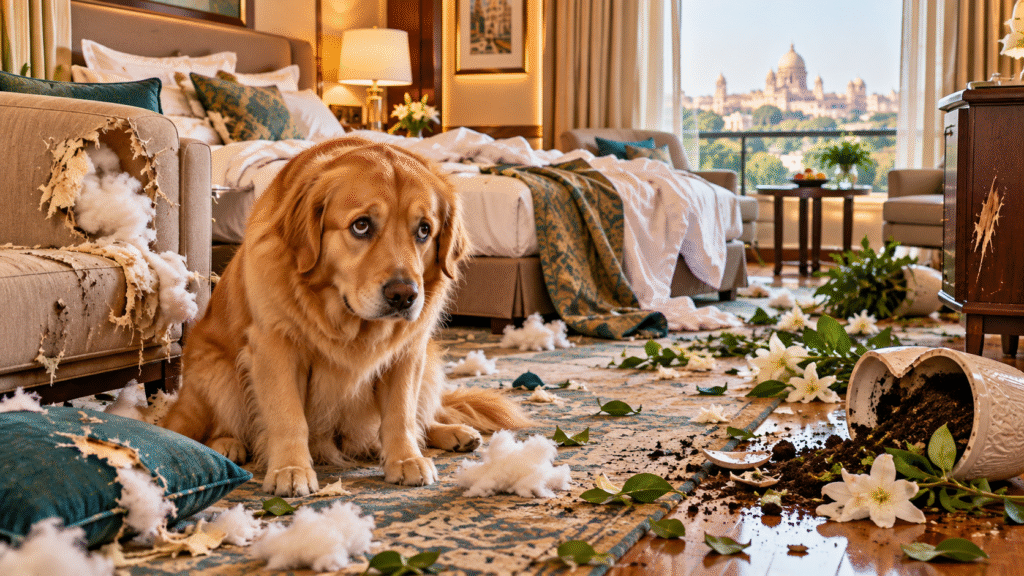 A dog left alone in a hotel room