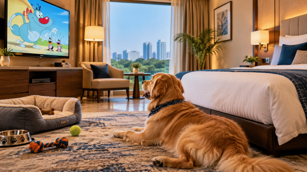 Dog relaxing in a pet-friendly stays in Noida