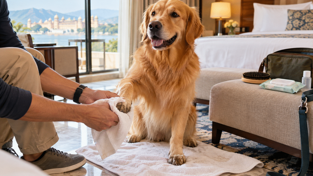 Owner wiping a dog's slightly muddy paws with a towel during a trip, with grooming items nearby.