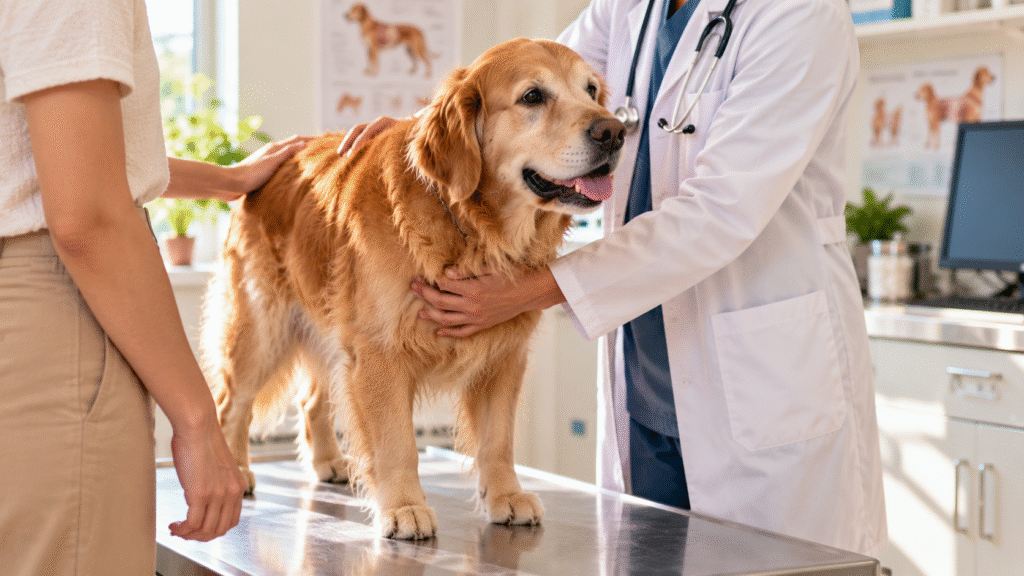 Golden Retriever dog getting a pre-travel check-up.