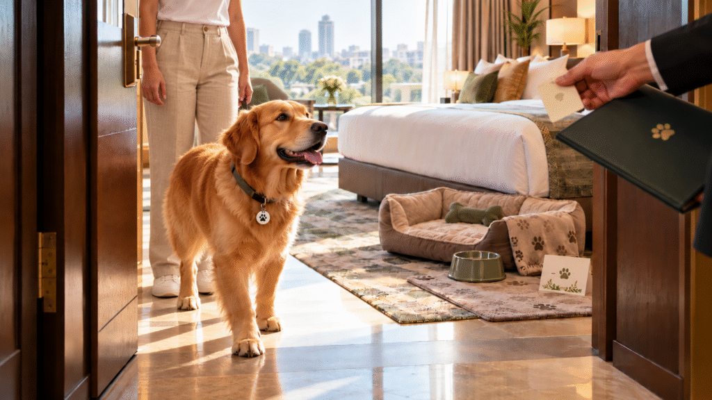 Golden retriever inside a hotel room after pet-friendly hotel check-in requirements are completed.