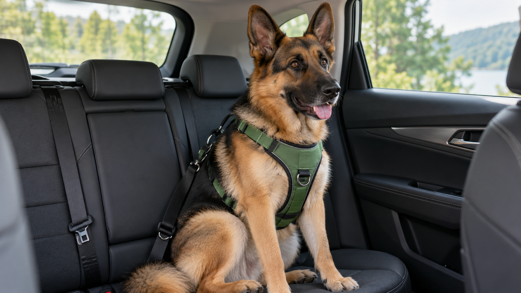 German Shephard dog securely sitting on the back seat of a car wearing travel harness.
