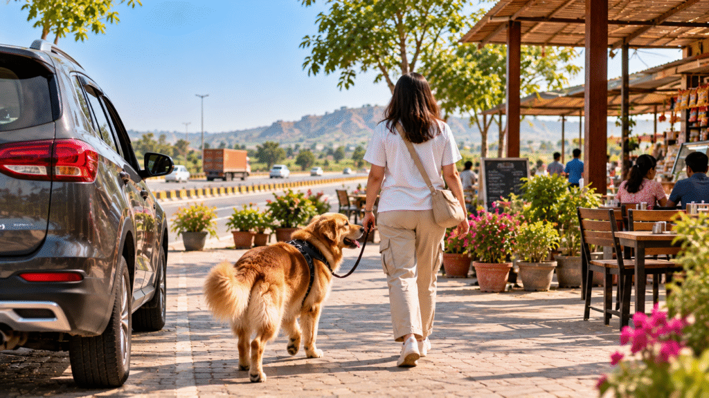 A woman with a dog near a roadside dhaba on Delhi Jaipur highway.