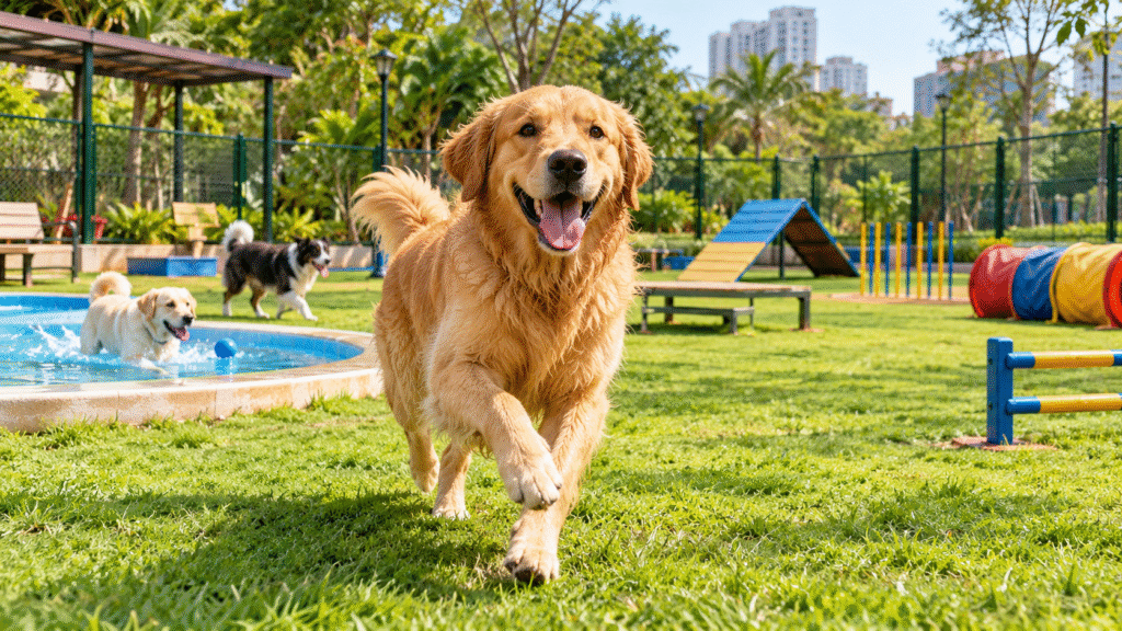 Golden Retriever dog playing in one of the private dog parks in Delhi NCR.