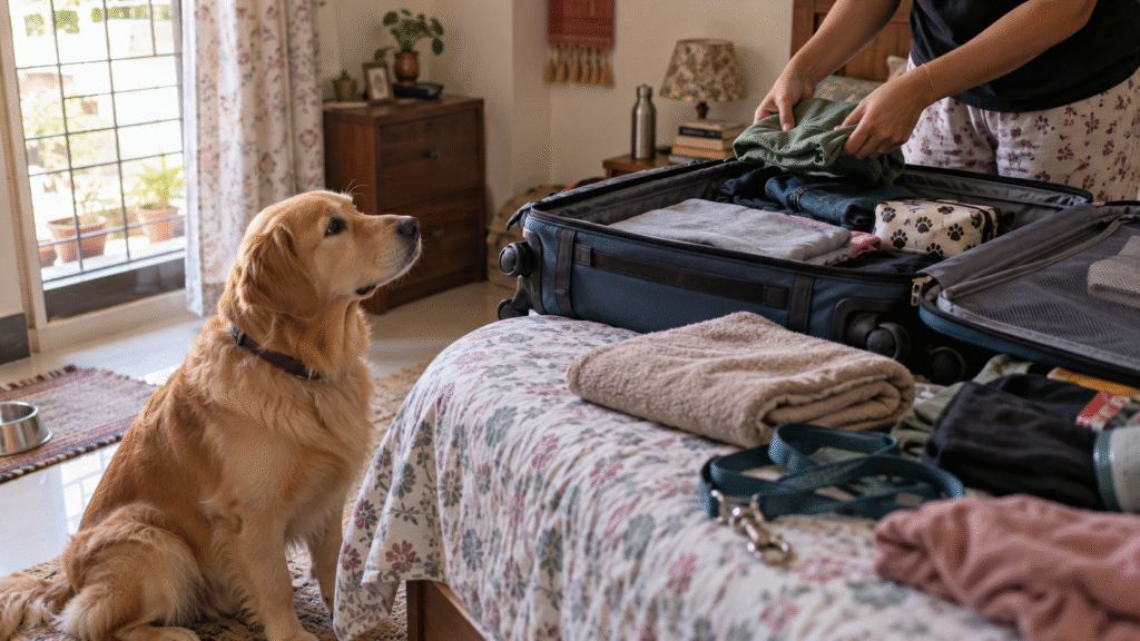 Dog beside an open travel bag.