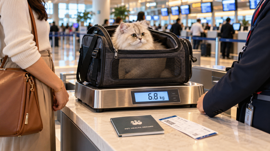 A woman at the airport baggage check while flying with a cat in India.