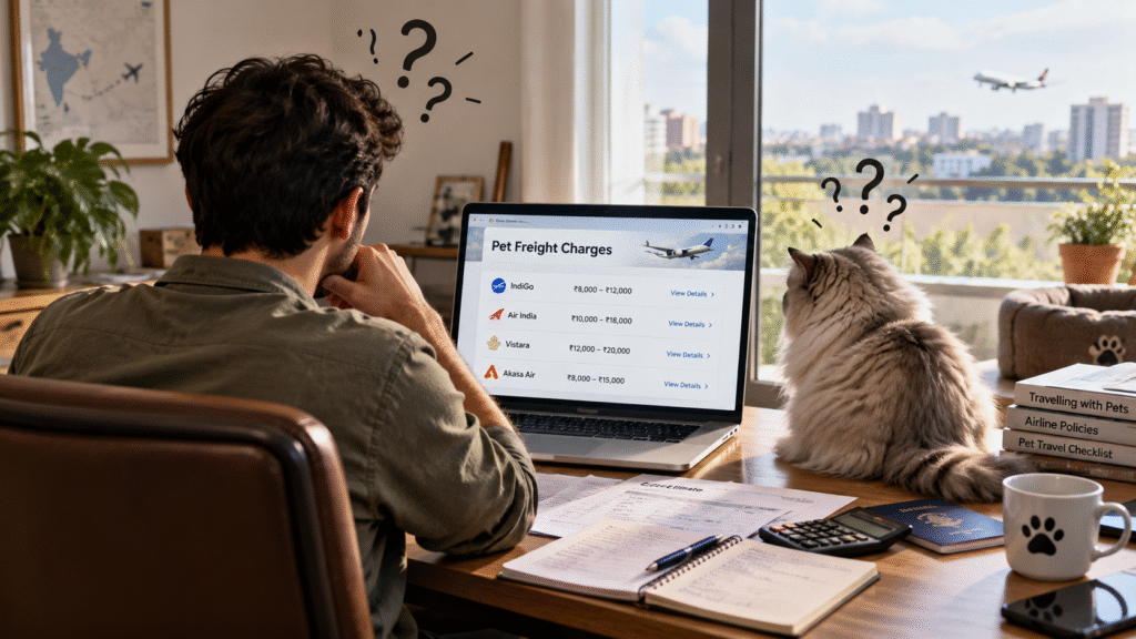 A confused man while comparing pet travel charges on Indian airlines.