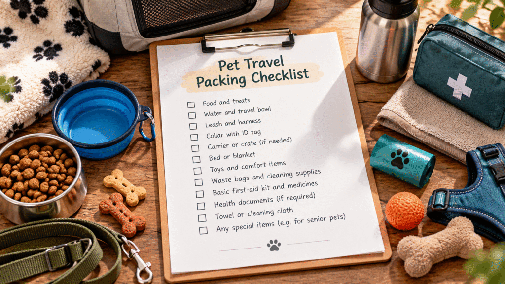 Pet travel packing checklist with travel essential items on the table.