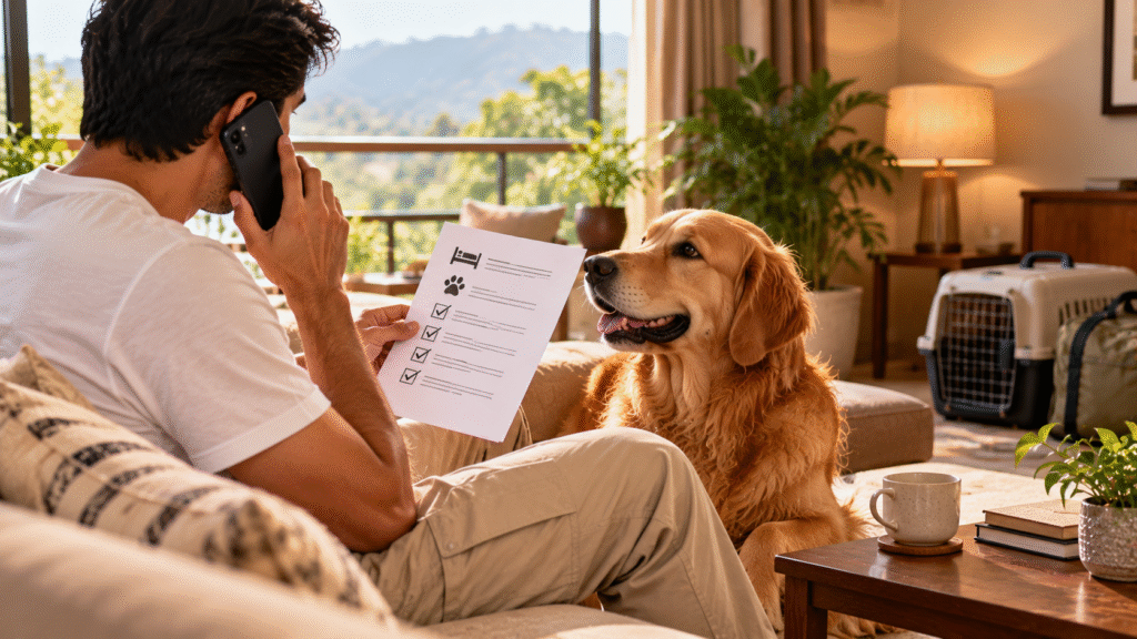 Pet owner checking a pet-friendly hotel booking checklist while speaking on the phone, with a Golden Retriever sitting beside him