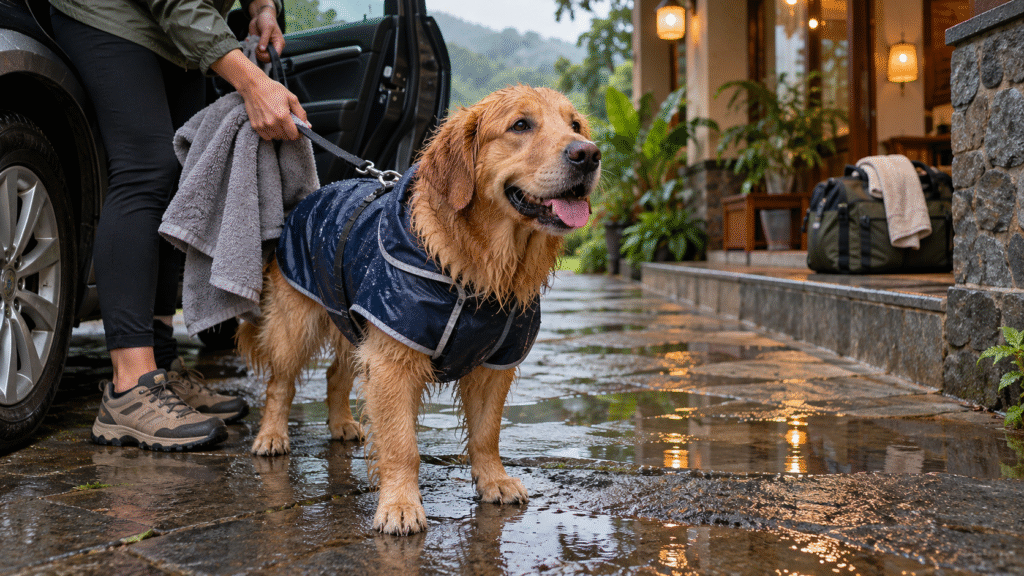 Dog wearing a raincoat beside a parked car after rain, with a towel and travel bag nearby.