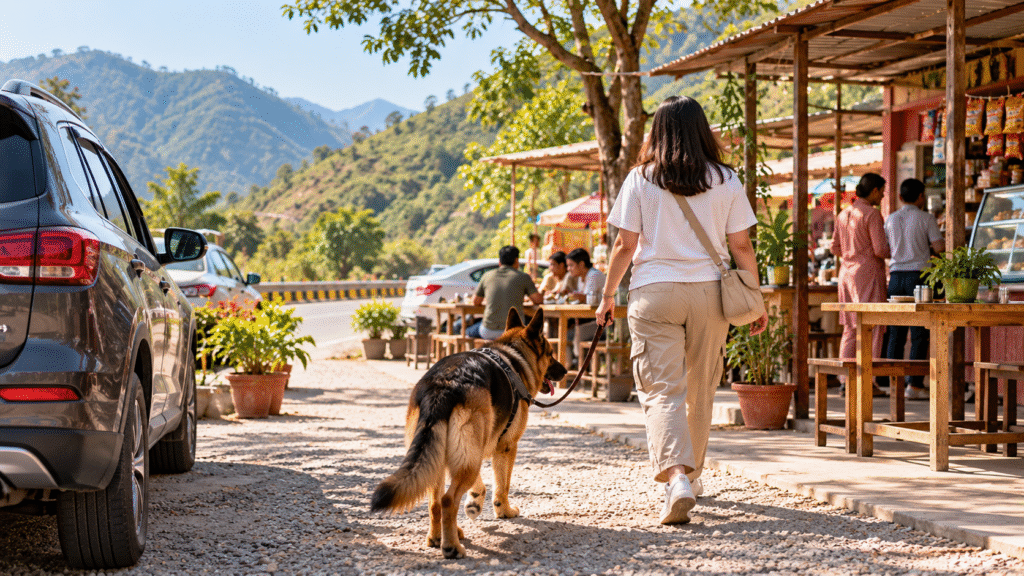 Woman with a German Shepherd dog at a roadside stop along Delhi to Rishikesh highway.