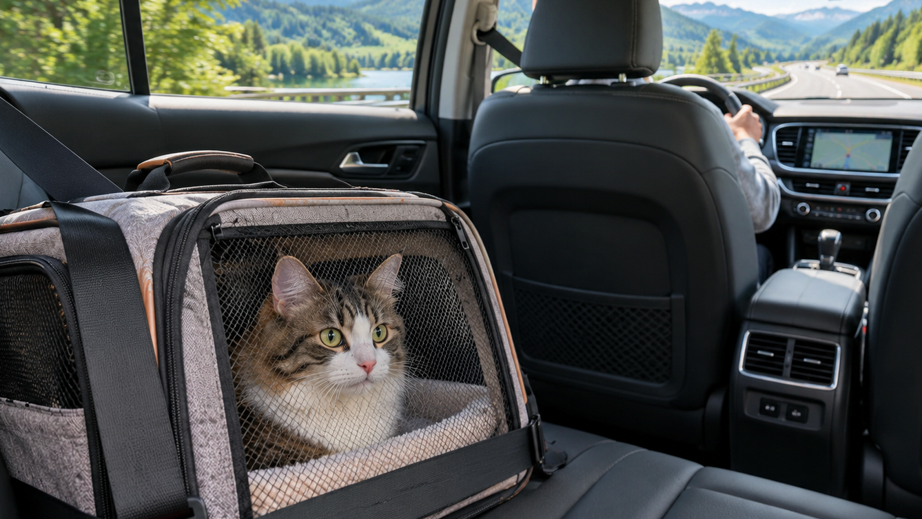A man travelling with a cat by car on a scenic hill road.
