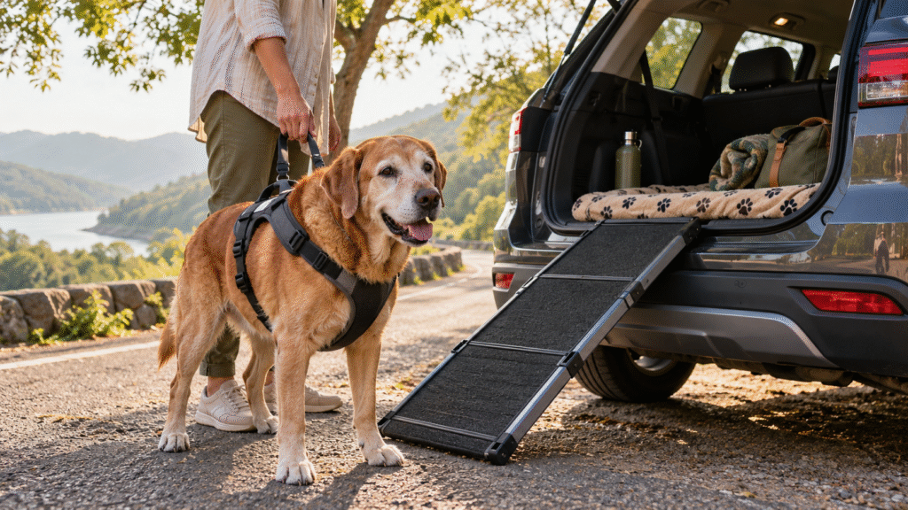 Owner helping his senior Golden Retriever dog with car access.