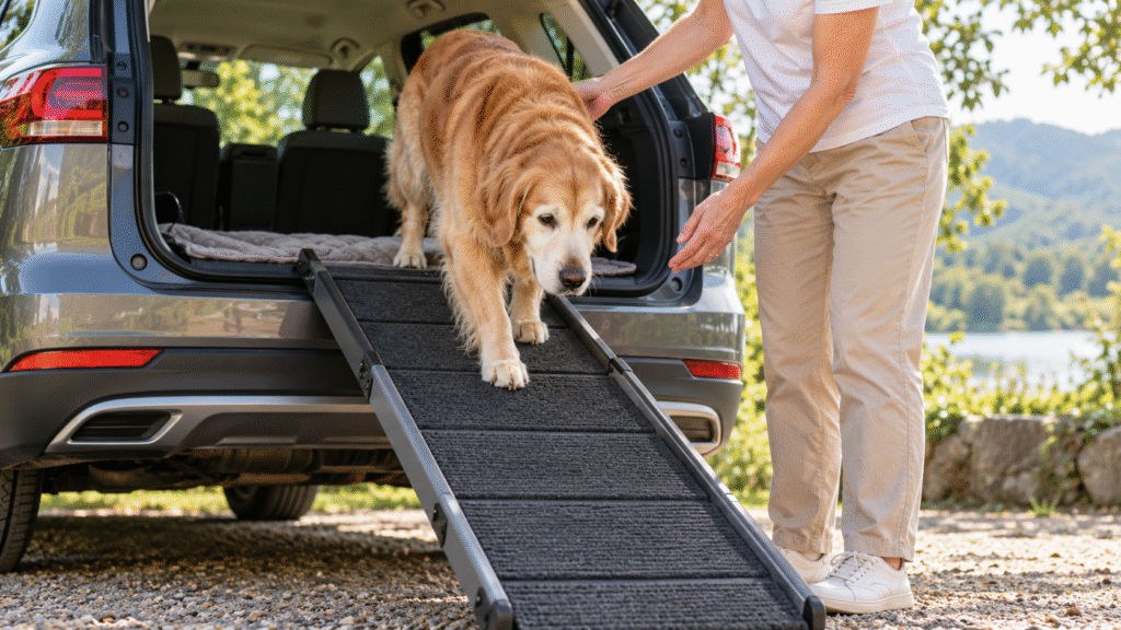 A man beside a travel car ramp while travelling with a senior dog.