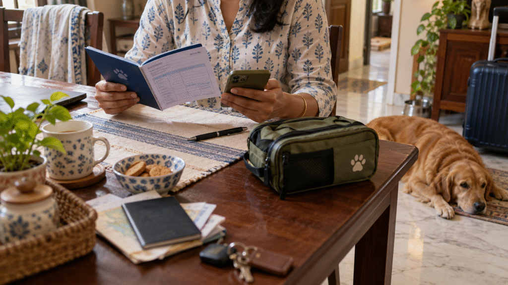 Dog resting near a table while pet travel documents are being checked before a trip.
