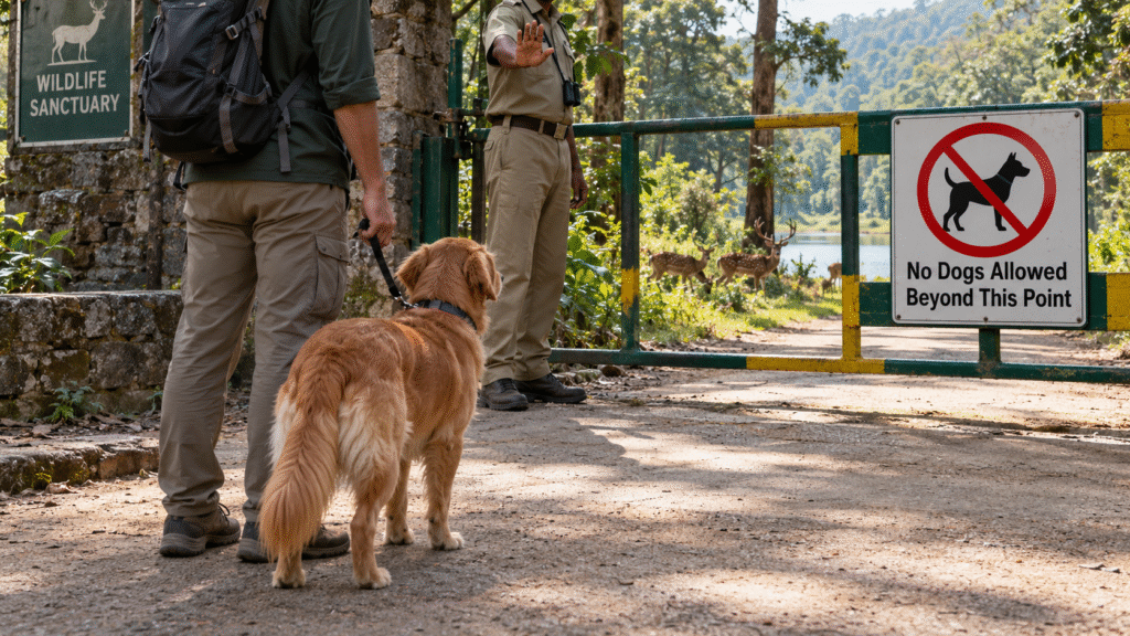 Golden Retriever dog being denied entry at the wildlife sanctuary.