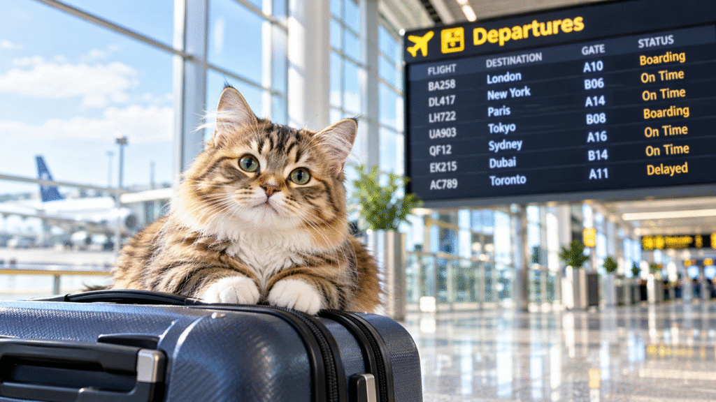 A packed suitcase ready for flying with a cat in India