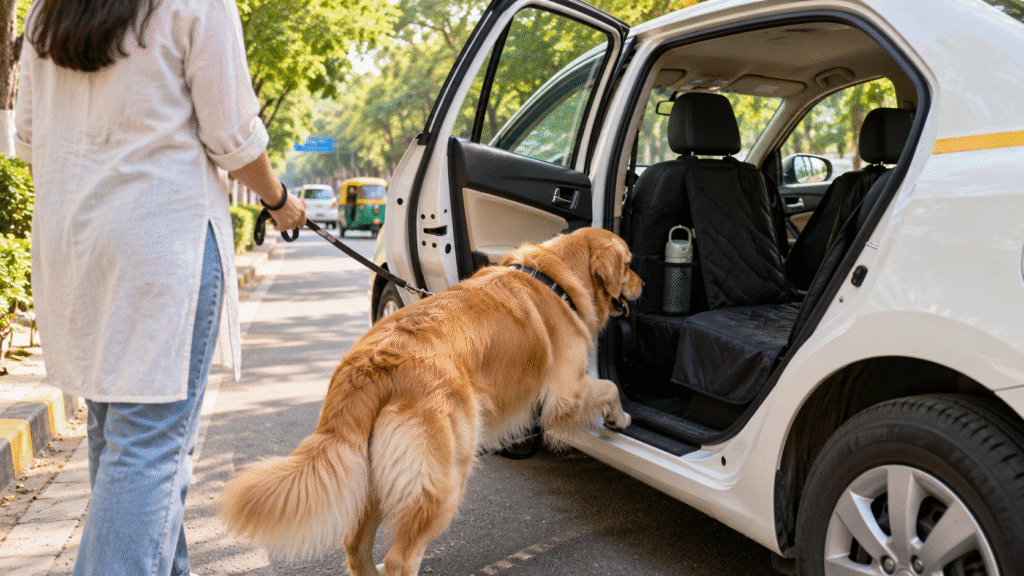 Golden Retriever dog boarding a pet taxi in Delhi NCR.